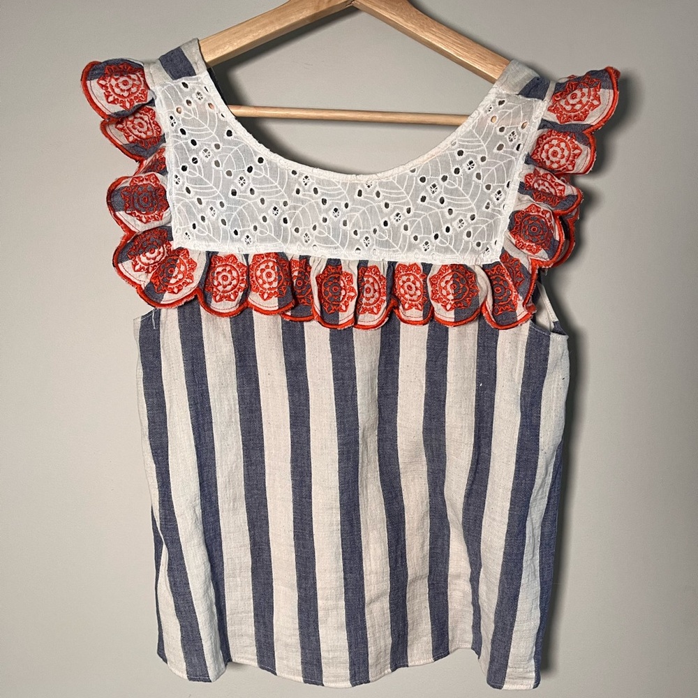 THML Women Blue White Striped Eyelet Lace Ruffle Top Orange Embroidery L THS0766